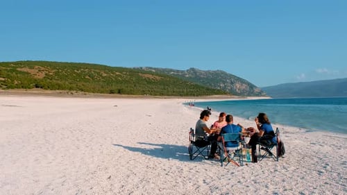 Friends Having Picnic on Lake Beach
