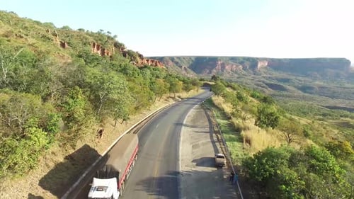 Rural Agricultural Farm Road, Car, Trucks in the Green Mountains, Drone