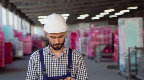 Spécialiste industriel sérieux et prospère marchant dans un entrepôt de fabrication de métaux avec tablette