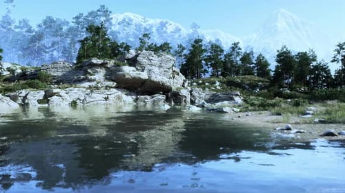 Blue Water in a Forest Lake with Pine Trees