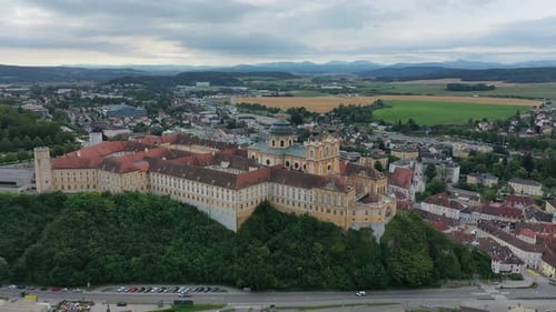 Aerial View of the Historic Benedictine Monastery on a Cliff Above the Danube River in Melk and Its