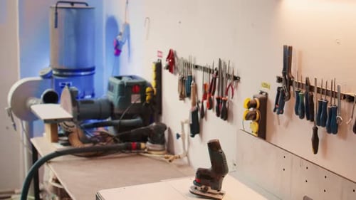 Close Up of Woodworking Gear on Rack in Joinery and Power Tool
