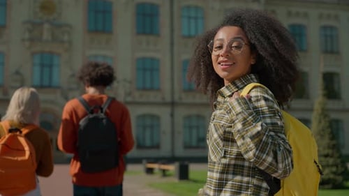 Back View From Behind Multiracial Friends Students Three Girls Female Women Boy Guy Man Male Walking