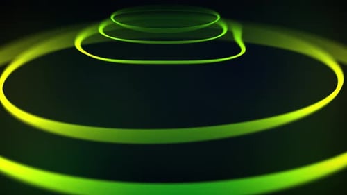 Green neon curved spiral line rotates in a circle. Futuristic laser fresh yellow glowing motion desi