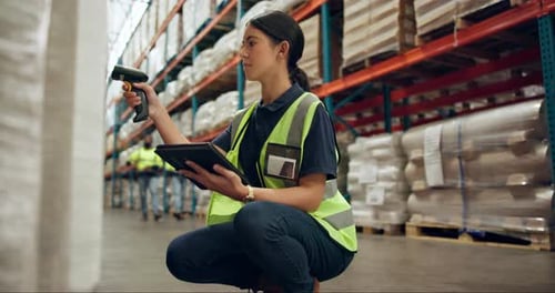 Woman, tablet and box with scanner for logistics, pricing or inventory inspection at warehouse