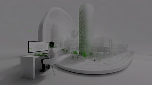 Architect visualizing innovative building design in bright studio with modern cityscape