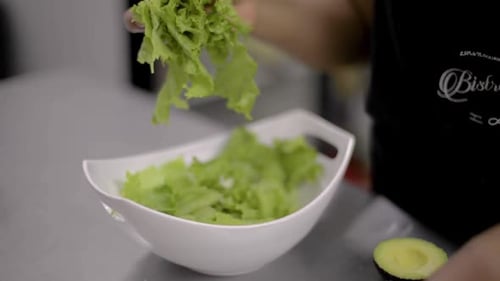 Woman chef cook preparing a salad adding chunks of blue cheese at a local restaurant diner cafe in M