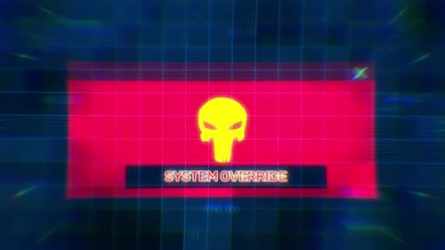 Glitch System Override Title Animation with Skull Icon