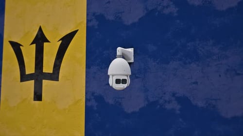 Barbados Flag Monitored by Realistic Panning Security Camera