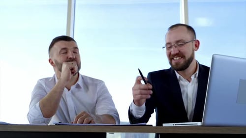 Bearded business partners talking in office.