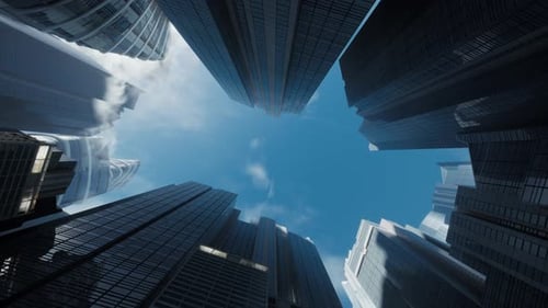 Low Angle View Of The Mirrored Buildings. Business Center View Of Barrel Roll