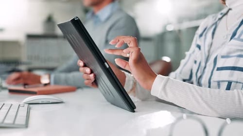 Tablet, hands and businesswoman in office with scrolling for online communication