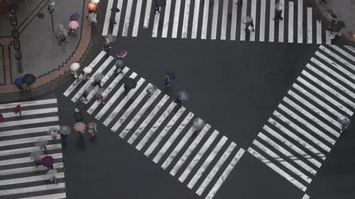 4K Высокий угол обзора: толпа людей, пересекающих пешеходный переход в Токио, Япония, в дождливый день