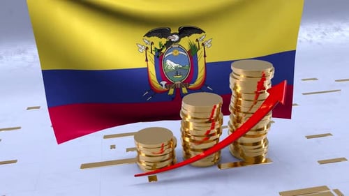 Ecuador Flag With Gold Coins Tower And Up Arrow