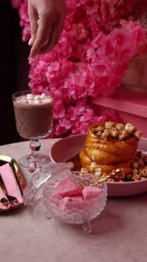 Delicious Donuts and Hot Chocolate in Pink Setting