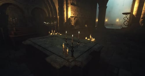 Mysterious Candlelit Stone Altar Room 3D Animation Background