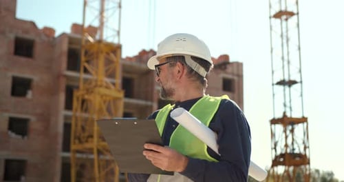 Construction Worker Inspects Building with Clipboard