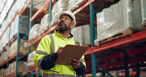 Manufacturing, warehouse and black man with clipboard for inspection, inventory and check stock
