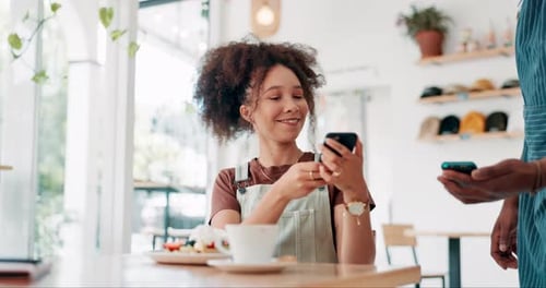 Customer service, cafe and phone payment for waffles, food and breakfast with POS machine