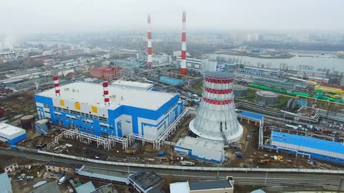 Thermal Power Station Generates Electric Energy in Foggy Weather