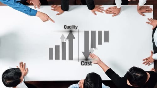 Business Team Discussion Over Quality and Cost Trends in a Corporate Environment with Graphical Repr