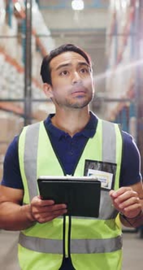 Logistics, man or counting inventory with tablet for stock records, distribution or quality control