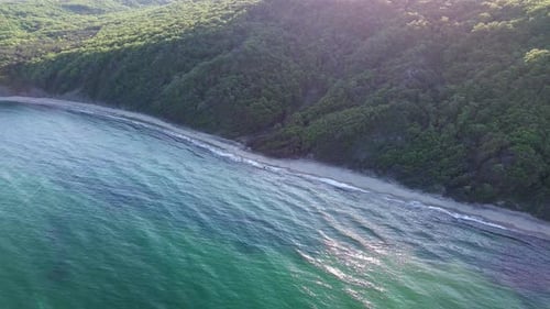Beach Between a Ledge Covered with Vegetation and a Black Sea Under a Clear Blue Sky