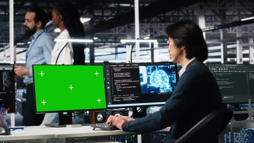 Data Center Technician Managing AI Systems Using Mockup PC