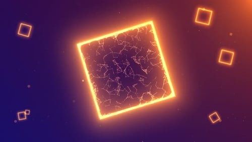 Abstract futuristic shape, moving rotating neon orange neon cube from lines and dots