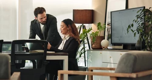 Conversation, feedback and laptop with business people in corporate workplace for assistance