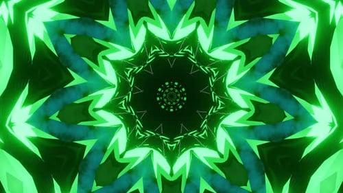 Circular design with green and black center and black background. Kaleidoscope VJ loop