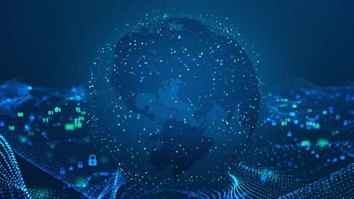 Security dark abstract wave dot background with digital colorful spherical particles