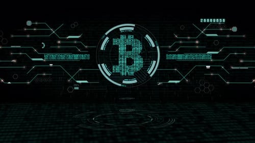 Computergrafischer Hintergrund für digitales Bitcoin-Geld. Blue Circuit Elektronisch