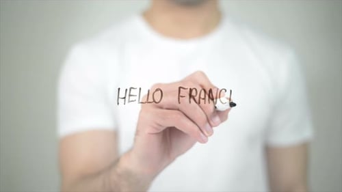 Hello France, Man Writing on Transparent Screen