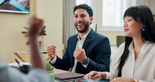 Applause, celebration and business people for promotion, partnership and team building mission