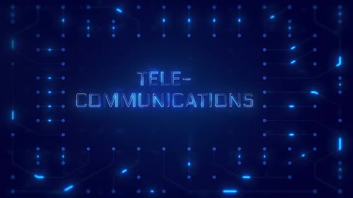 TELECOMMUNICATIONS Word Text with neon circuit board design or computer semiconductor design