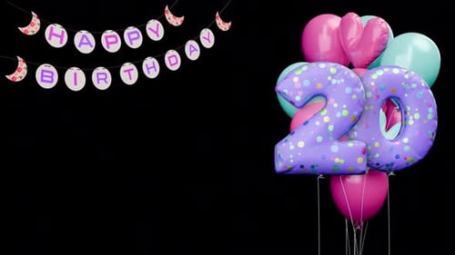 Happy 20th Birthday Celebration with Animated Balloons and Banner