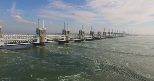 Aerial: The famous storm surge barrier in the south west of the Netherlands.