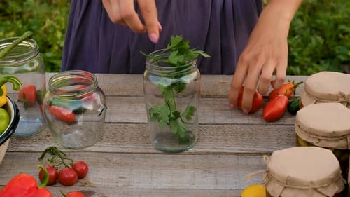 Preservation of Vegetables in Jars Woman Selective Focus