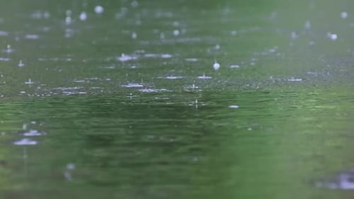 Im Sommer fallen Regentropfen mit Blasen auf die Flussoberfläche