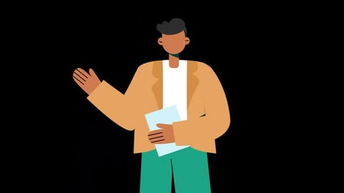 Flat Design Animated Man Waving with Document