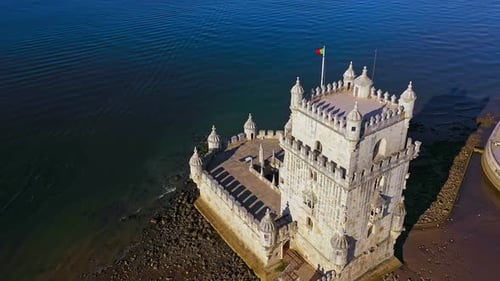 Drone Tilt and Track Belem Tower Lisbon Portugal on Sunny Day