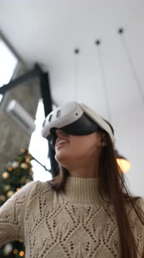 Woman Wearing VR Headset During the Holidays
