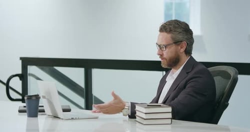 Businessman Talk Online in Office Man on Meeting with Laptop Businessman Worker Talk on Video