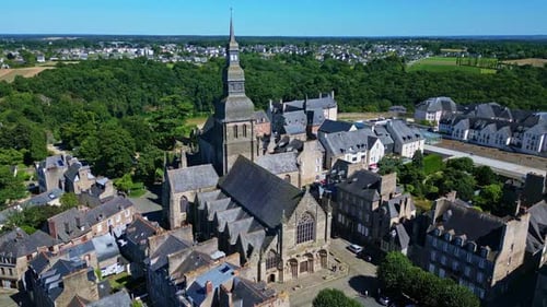 Saint Sauveur basilica, Dinan, France. Aerial drone forward