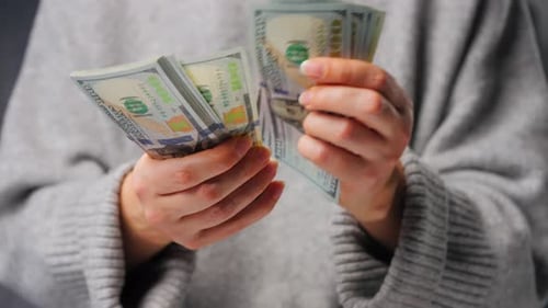 Woman Counting US Dollar Bills Closeup