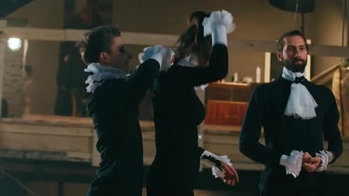 Joyful Theater Actor and Actress Laughing Talking Putting on Neck Ruff