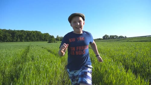 Portrait of Happy Boy is Running Through the Field with Green Wheat at a Sunny Hot Day Smiling Child