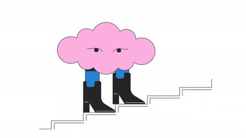 Surreal cloud walking up stairs in boots line 2D animation