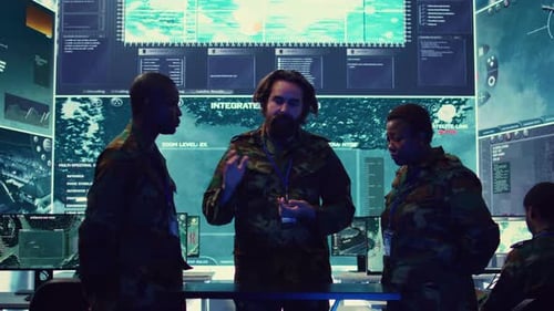 Military Officers Discussing Strategy in Futuristic Control Room